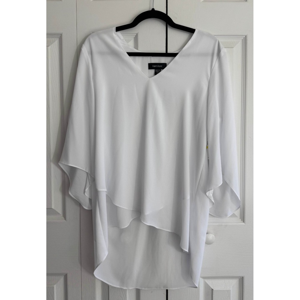 Karen Kane Asymmetrical Crepe Top Women's Medium White High/Low Flouncy Sleeves